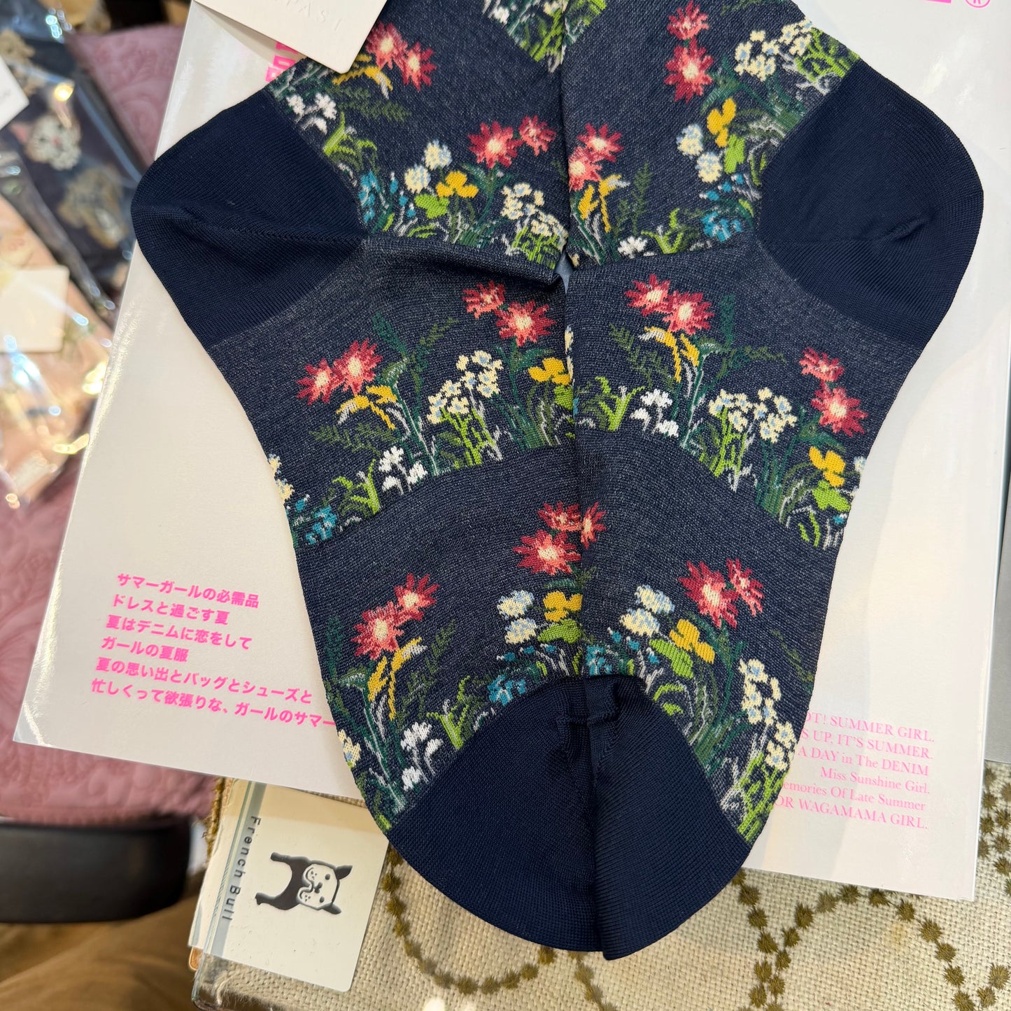 Antipast Wild Flowers Navy Socks, made in Japan