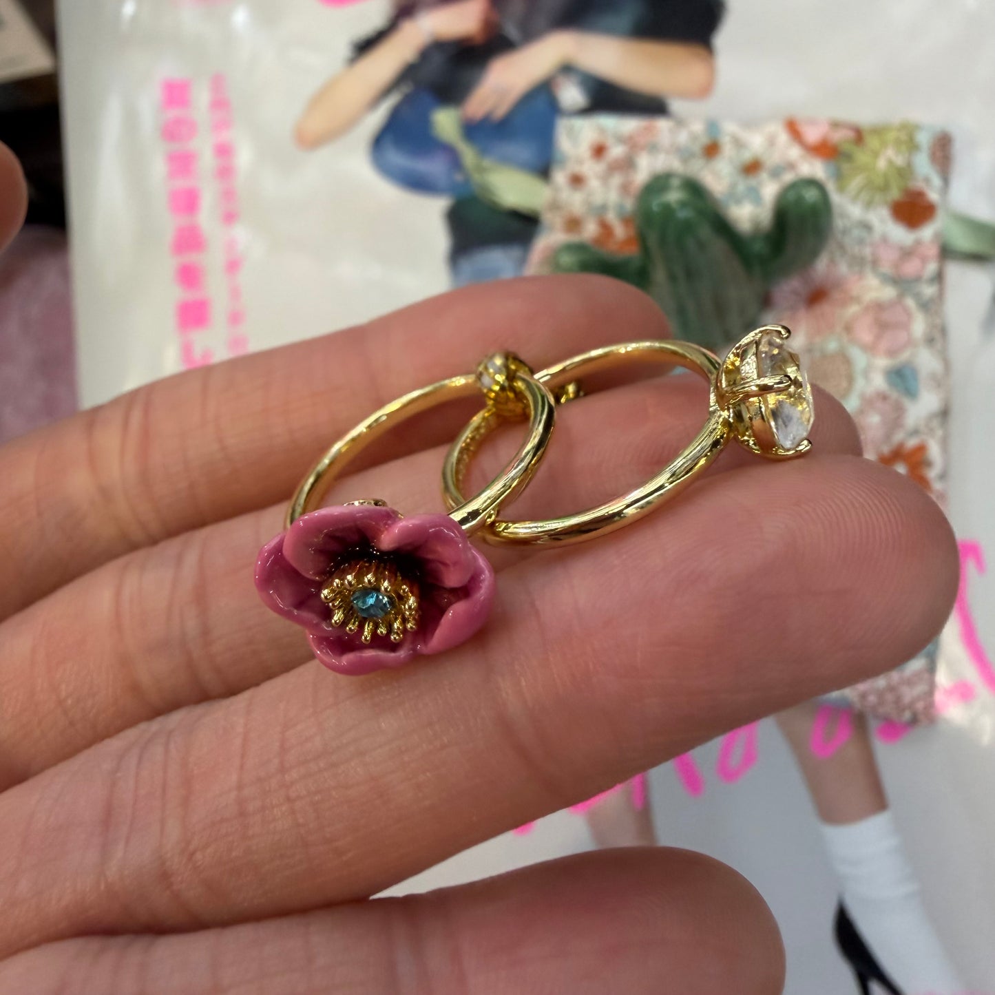 Les Néréides Paris Symphonie Des Fleurs Pink Flower Ring, size 13, imported from the UK