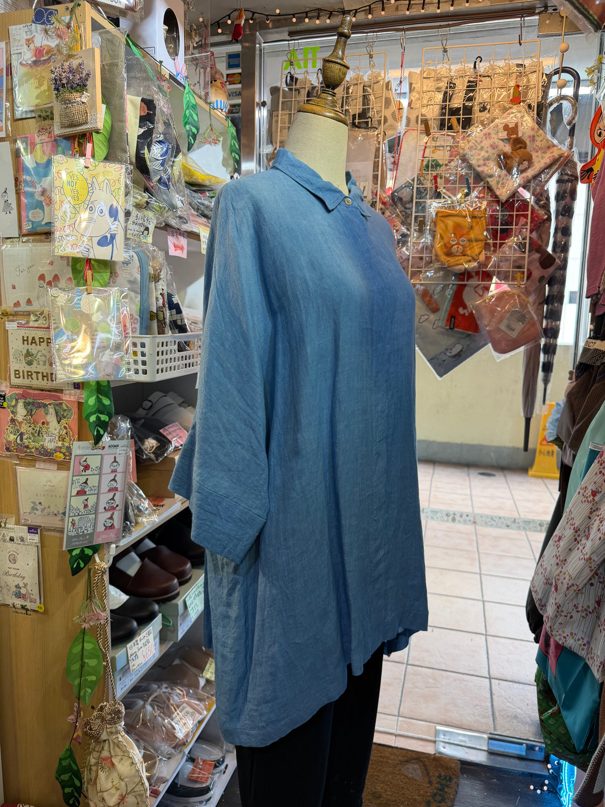 Denier Blue Indigo Dyeing Linen Long Shirt, made in Japan