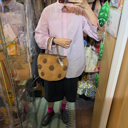 Ema Kuam Brown Polka Straw Bucket Bag, Handmade in Nepal