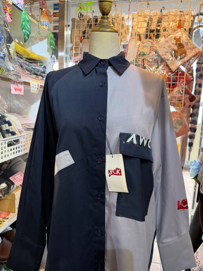 KICK Blue Patchwork Long Army Shirt, made in Japan