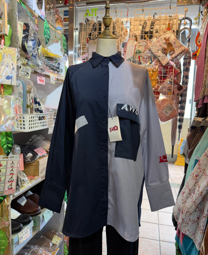 KICK Blue Patchwork Long Army Shirt, made in Japan
