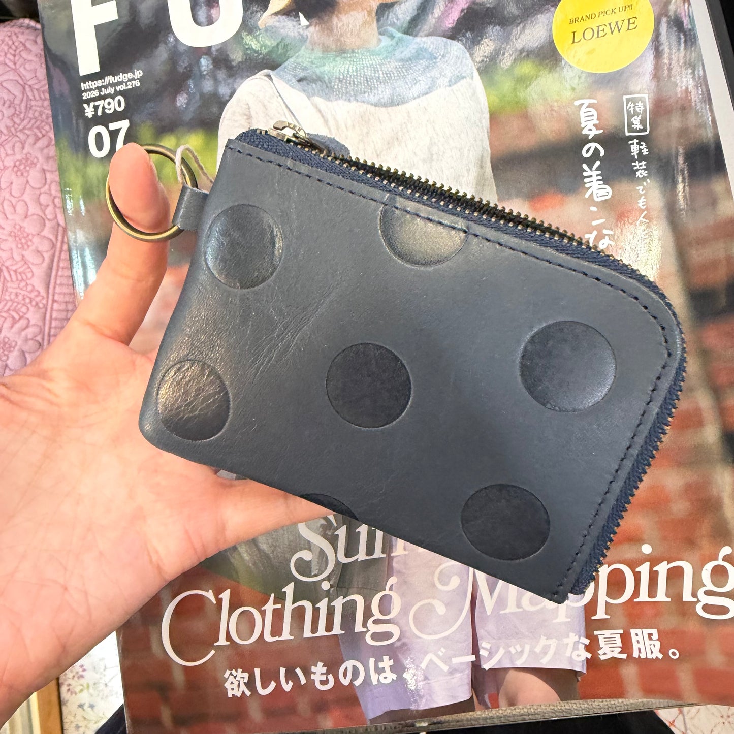 Kanmi Polka Leather Navy Card Holder, made in Japan