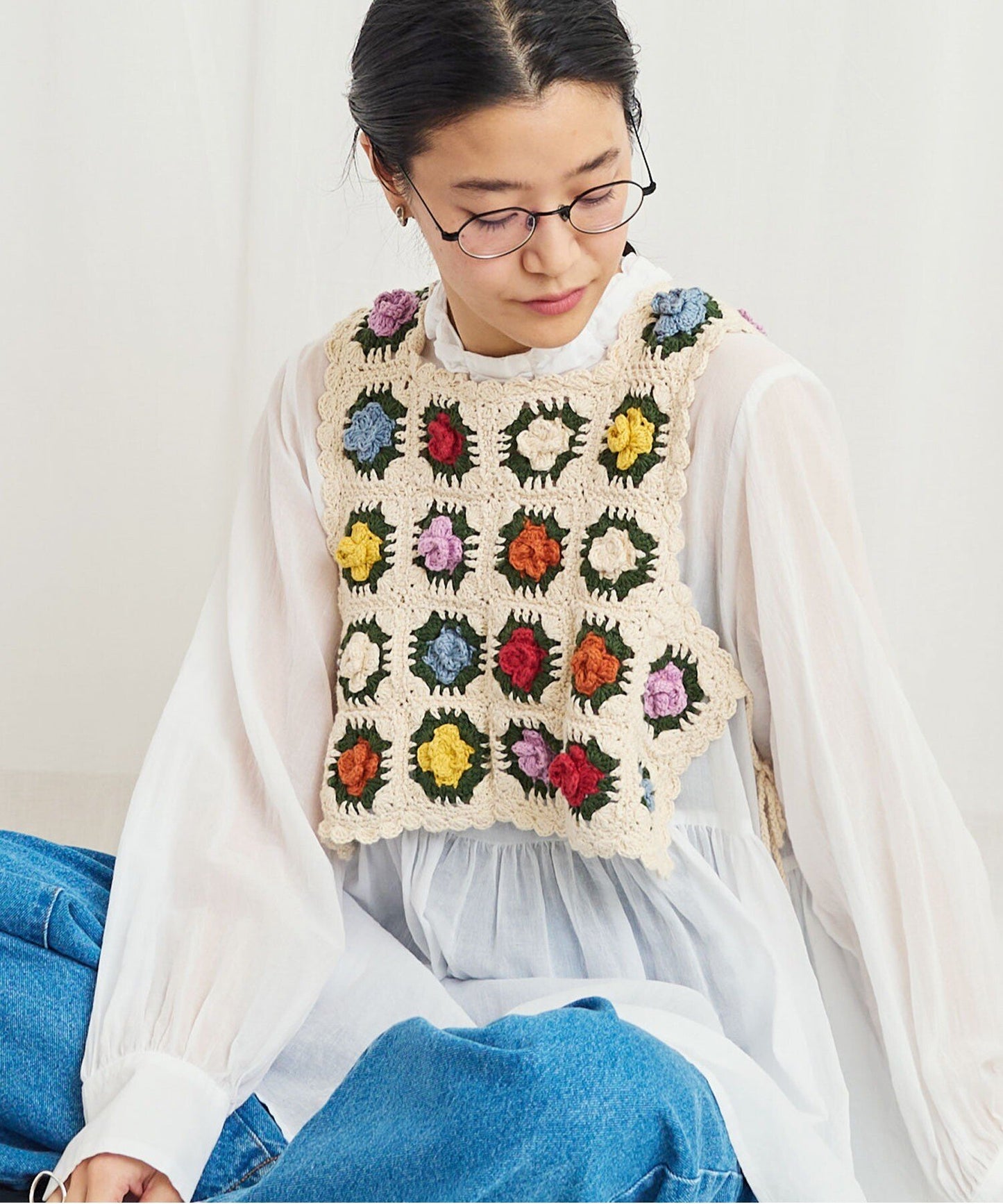 Fig London Ivory knit Gardener Vest, handmade in Peru