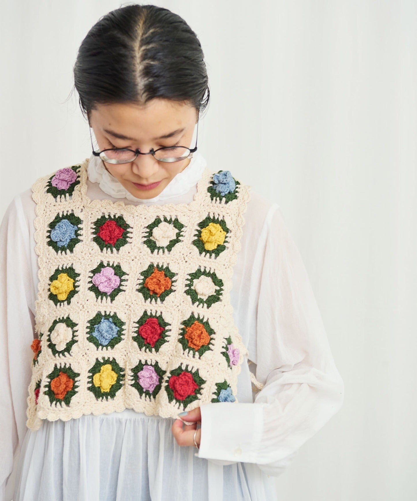 Fig London Ivory knit Gardener Vest, handmade in Peru
