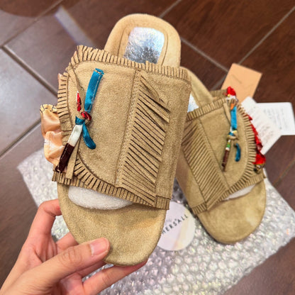 Sale- Rehersall Beige Frill Suede Sandal,Size 23.5, 24cm
