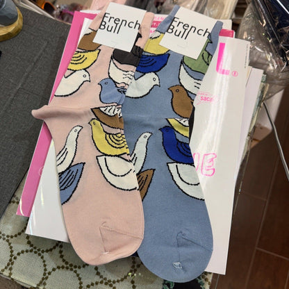 French Bull Birds Socks, 2 Colors, made in Japan