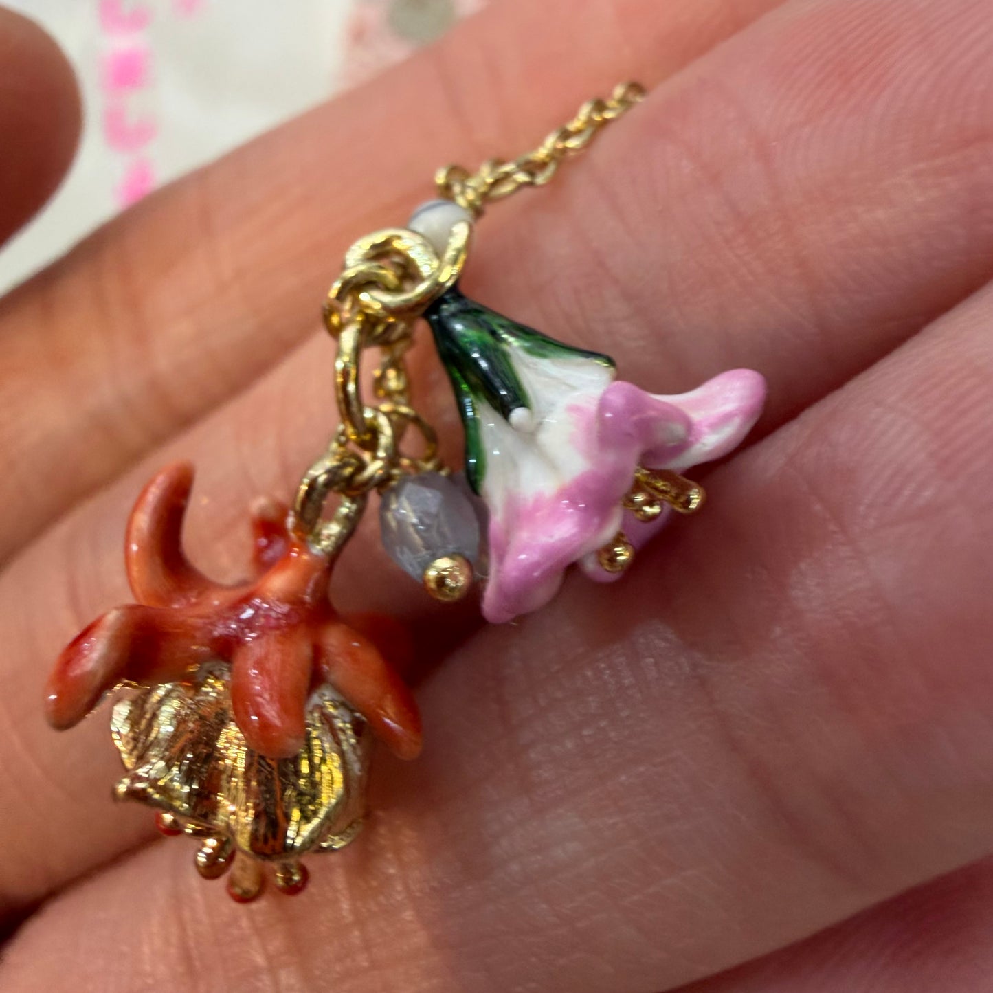 Les Néréides Paris Fuchsia Flower 18ct Gold Necklace, imported from the UK