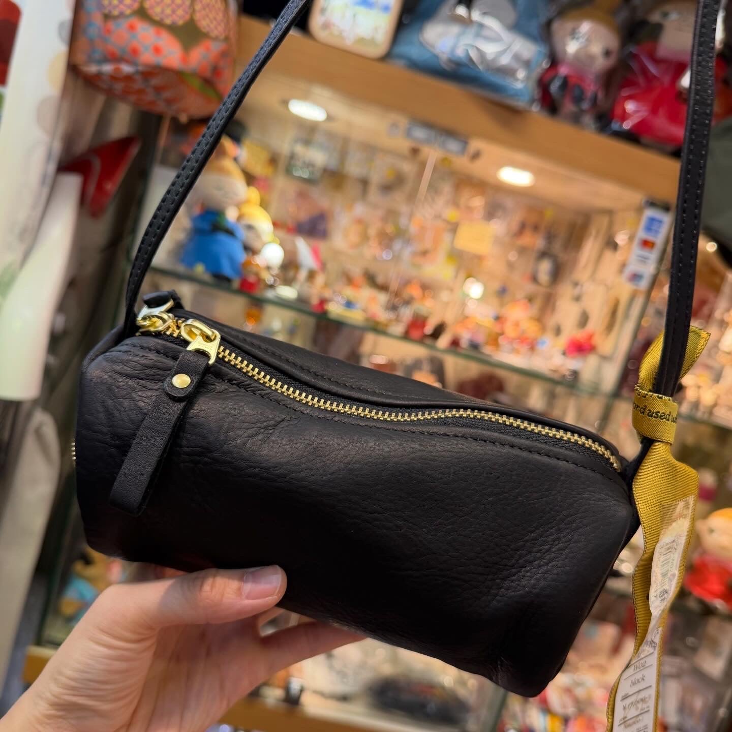 Ampersand Black Leather Cylinder Shoulder Bag, made in Japan