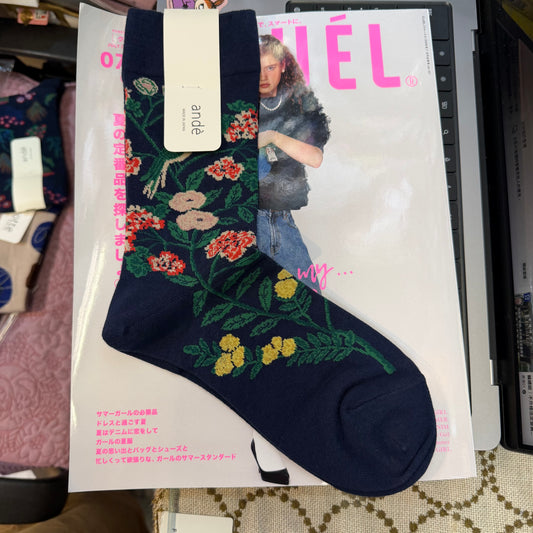 $99 only- Ande Floral and Bird Navy Socks, made in Japan