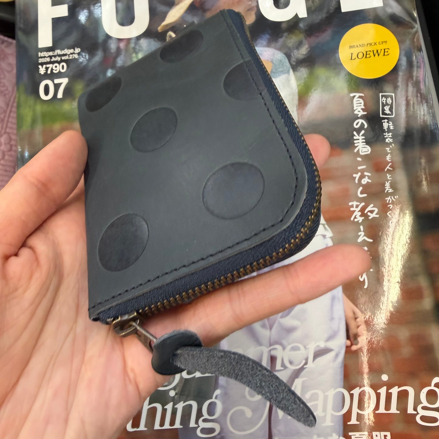 Kanmi Polka Leather Navy Card Holder, made in Japan