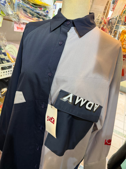 KICK Blue Patchwork Long Army Shirt, made in Japan