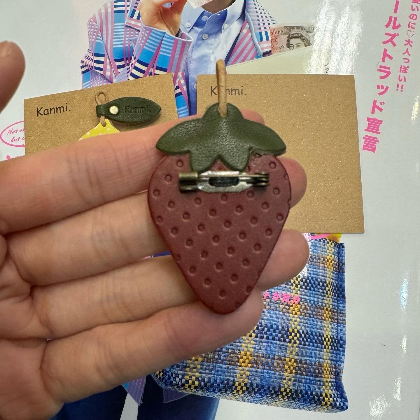 Kanmi Leather Lemon and Strawberry Brooches, made in Japan