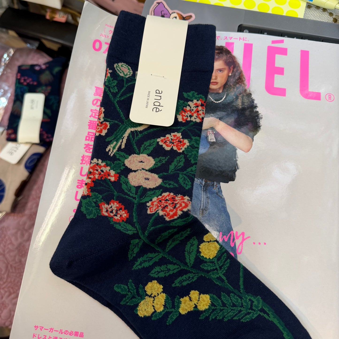 $99 only- Ande Floral and Bird Navy Socks, made in Japan