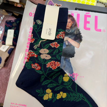 $99 only- Ande Floral and Bird Navy Socks, made in Japan