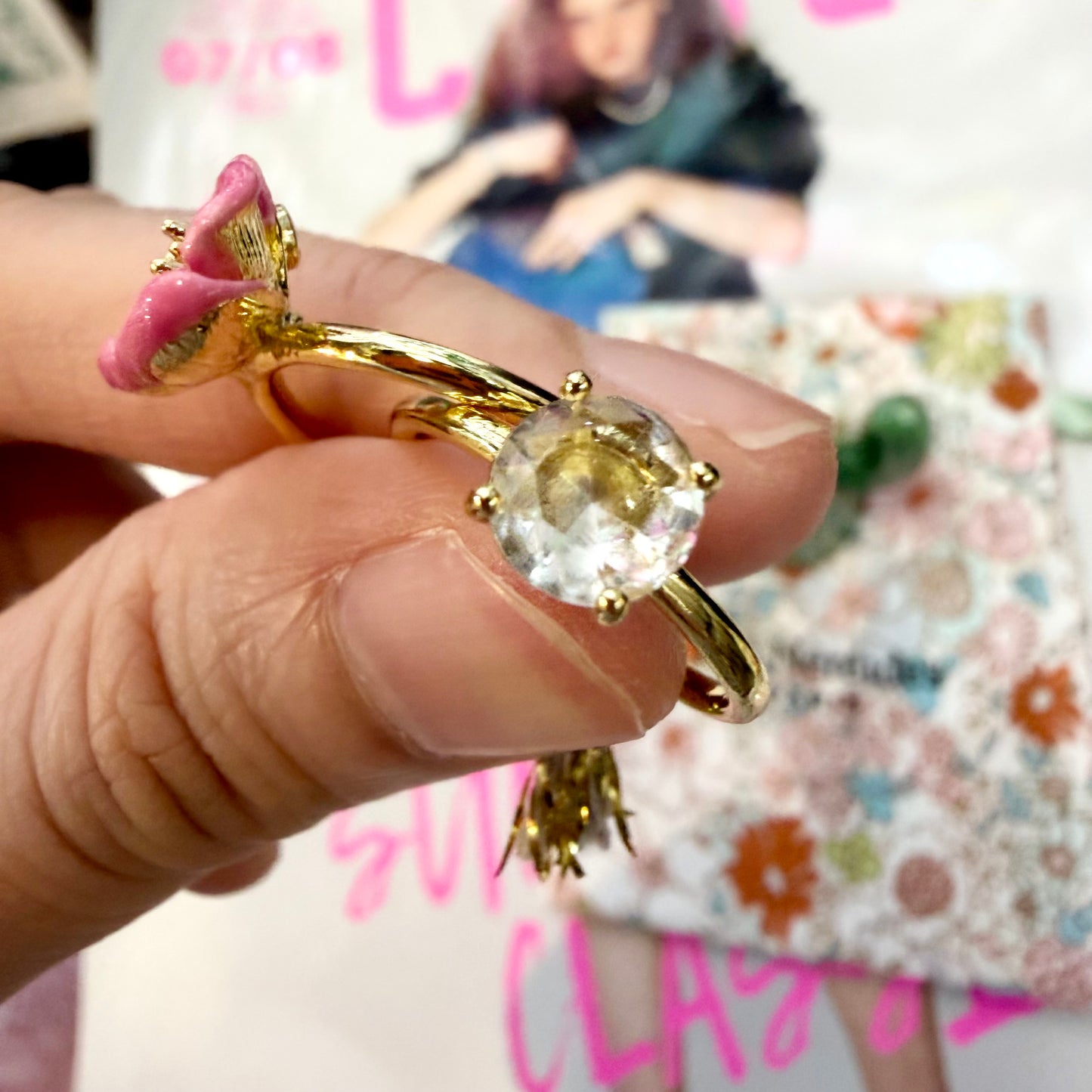 Les Néréides Paris Symphonie Des Fleurs Pink Flower Ring, size 13, imported from the UK