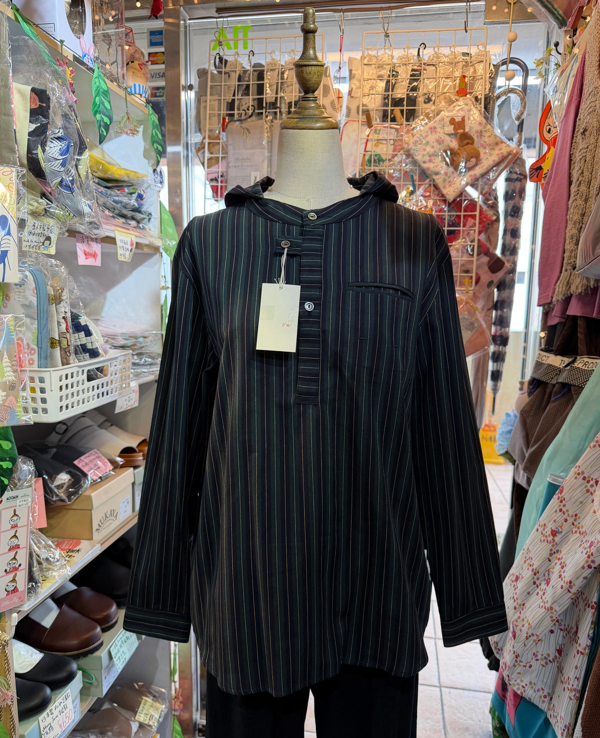 VM Green Striped Hoodie Blouse, made in Japan