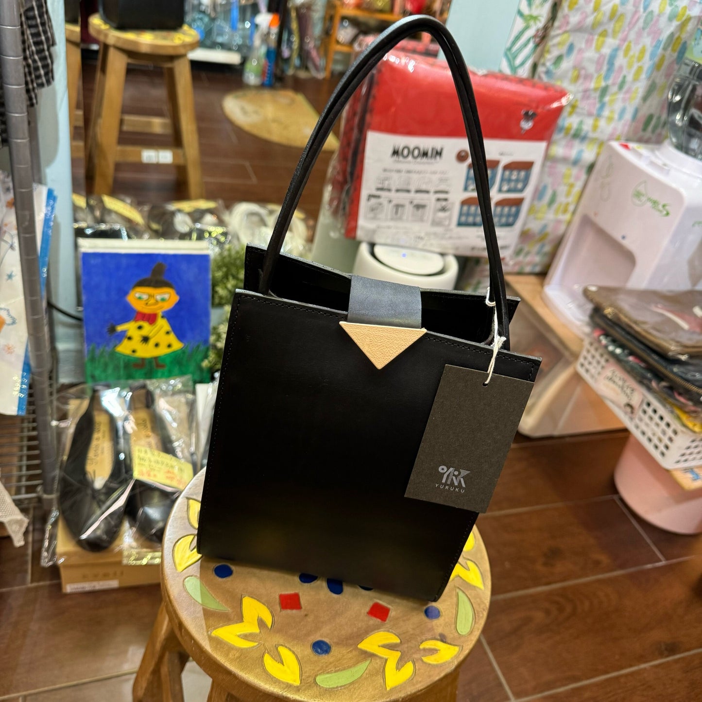 Sale- YURUKU Black Leather x Wood Buckle Handbag, made in Japan