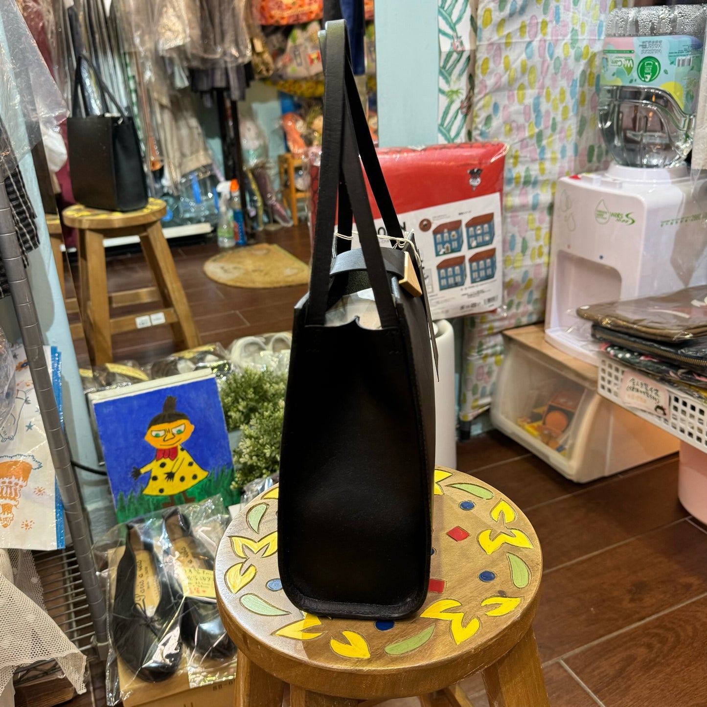 Sale- YURUKU Black Leather x Wood Buckle Handbag, made in Japan