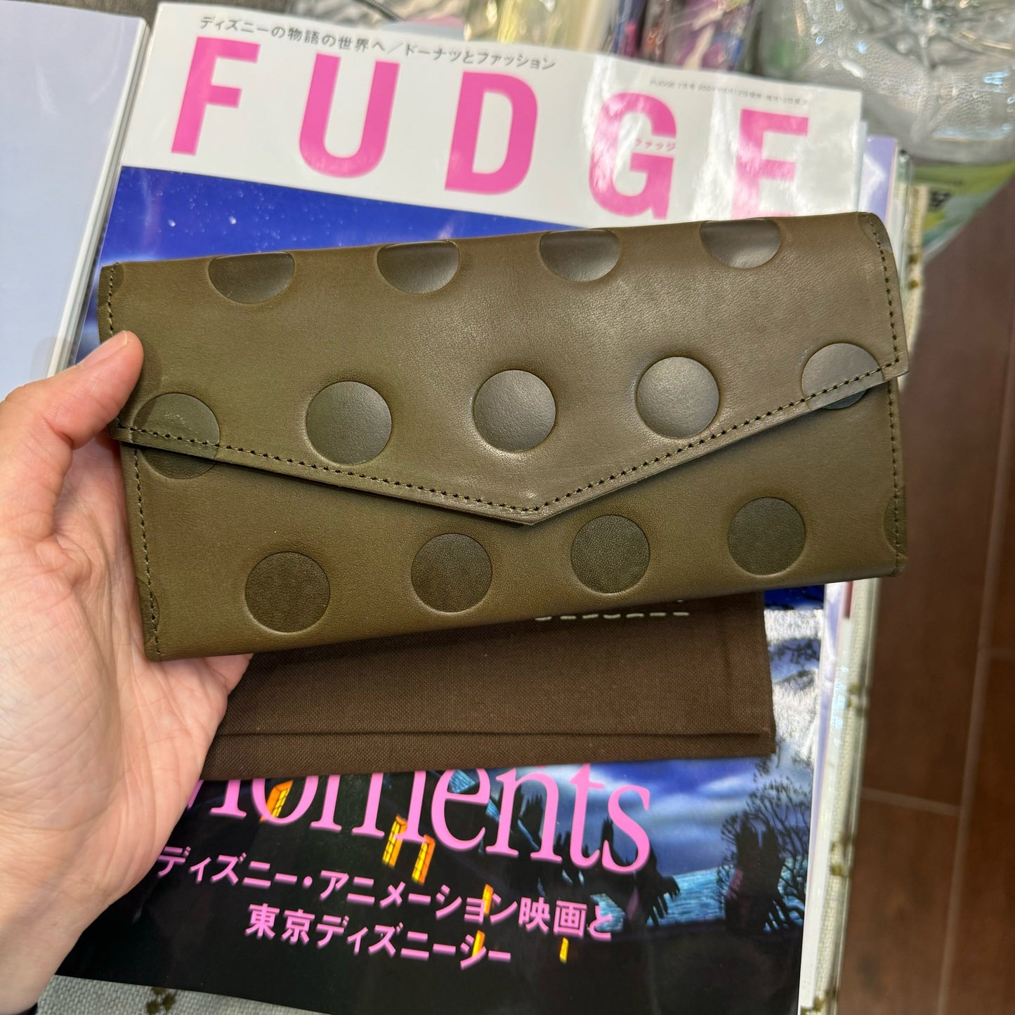 Kanmi Polka Green Leather Long Wallet, made in Japan