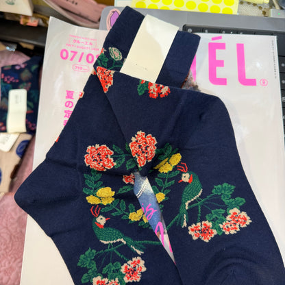 $99 only- Ande Floral and Bird Navy Socks, made in Japan