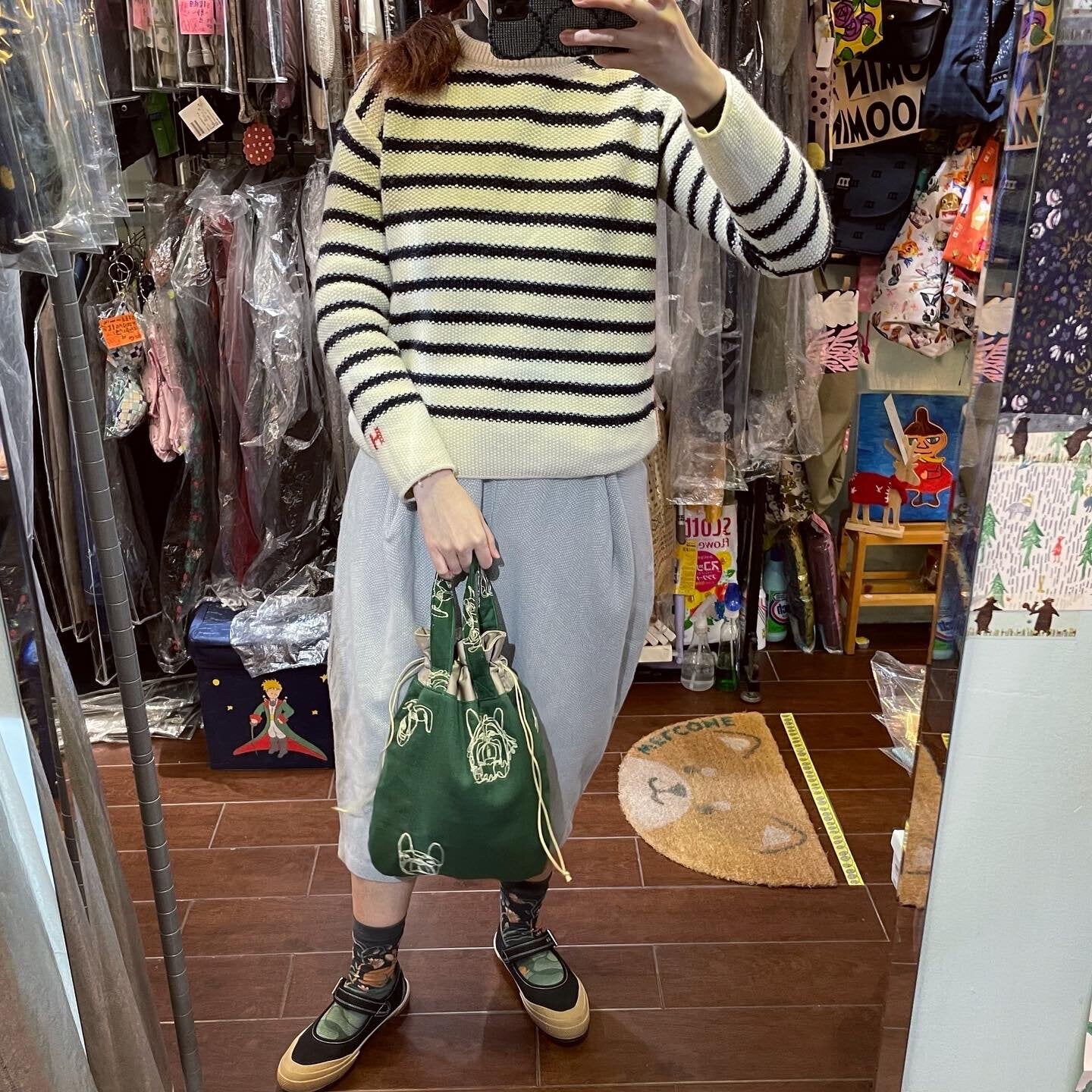 Handmade Dots Embroidery Green Bag,  fabric from Japan