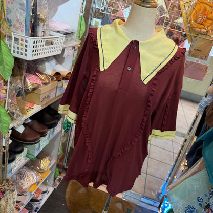 Megmiura Wine Wavy Frill Polo Shirt, made in Japan, size 40
