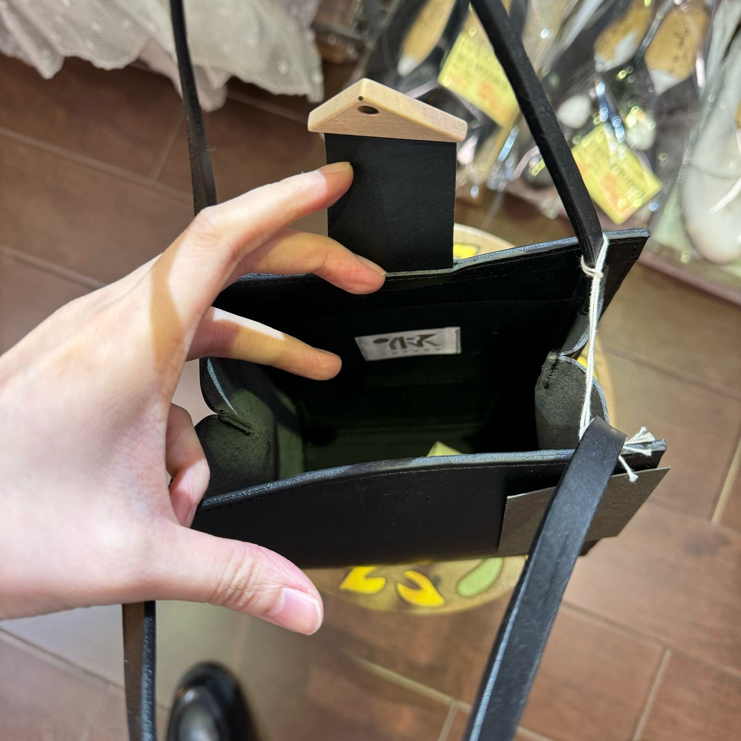 Sale- YURUKU Black Leather x Wood Buckle Handbag, made in Japan