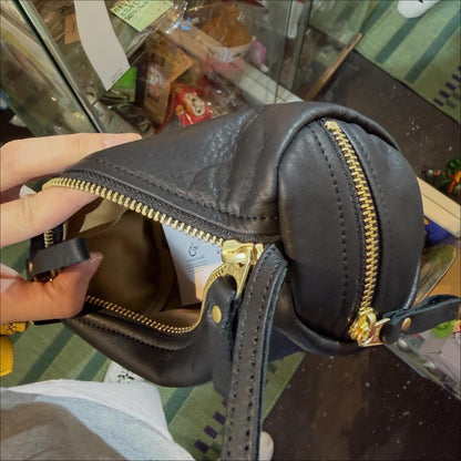 Ampersand Black Leather Cylinder Shoulder Bag, made in Japan