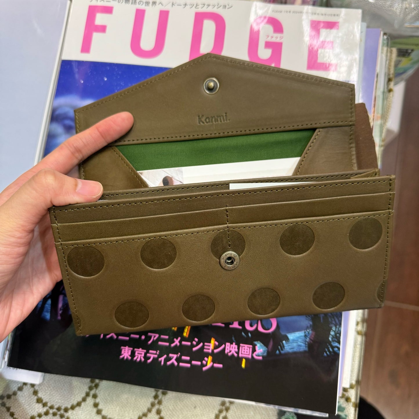 Kanmi Polka Green Leather Long Wallet, made in Japan