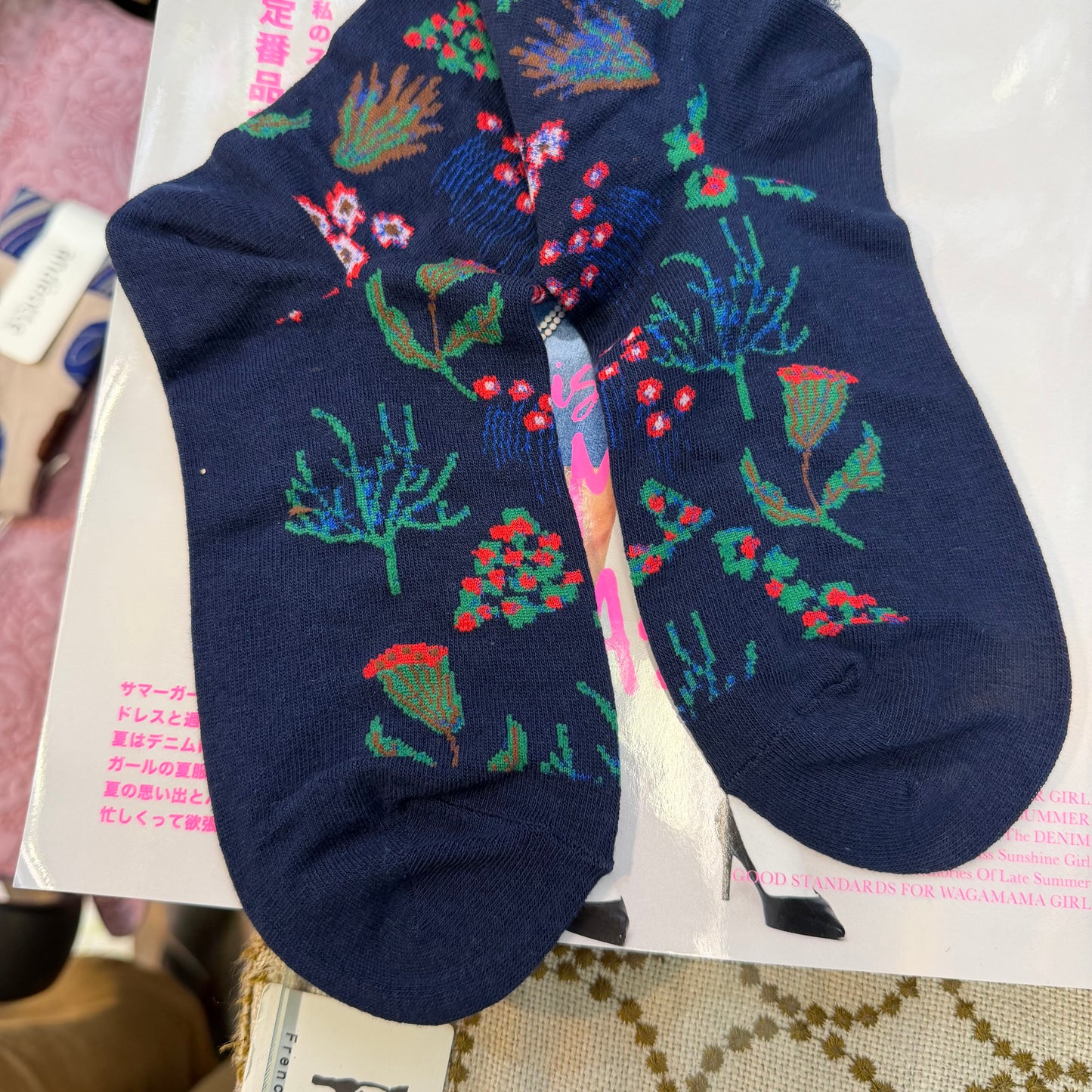 $99 only- Ande Floral Navy Socks, made in Japan