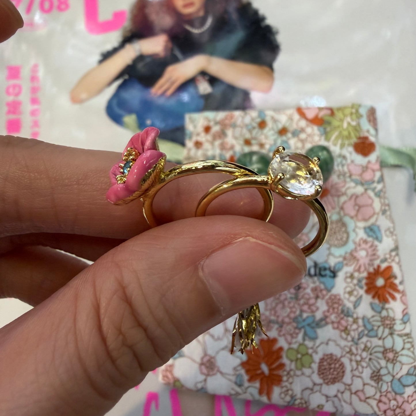 Les Néréides Paris Symphonie Des Fleurs Pink Flower Ring, size 13, imported from the UK