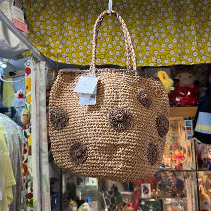 Ema Kuam Brown Polka Straw Bucket Bag, Handmade in Nepal