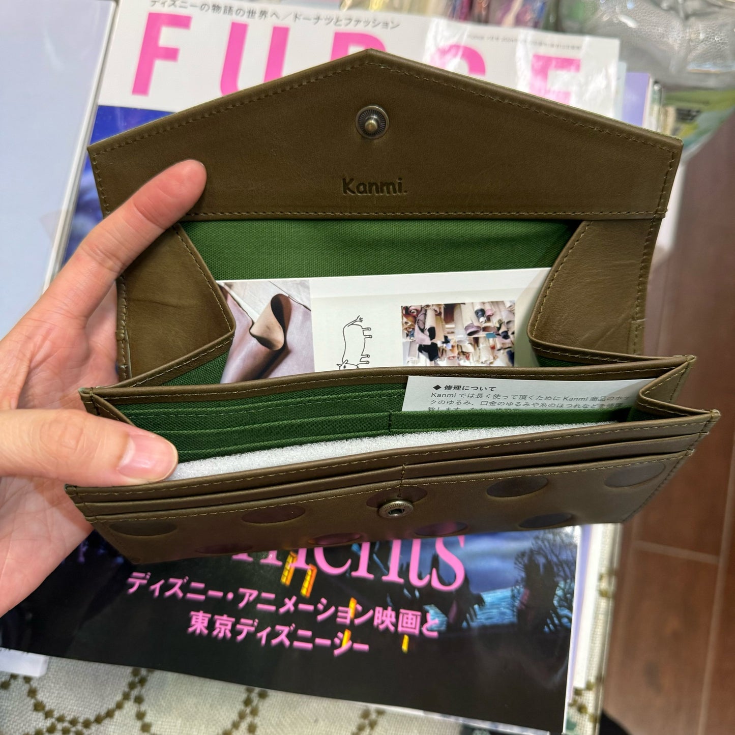 Kanmi Polka Green Leather Long Wallet, made in Japan