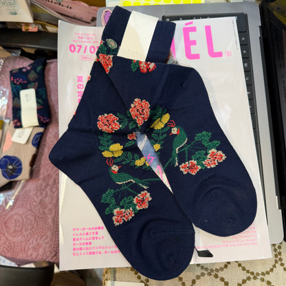 $99 only- Ande Floral and Bird Navy Socks, made in Japan