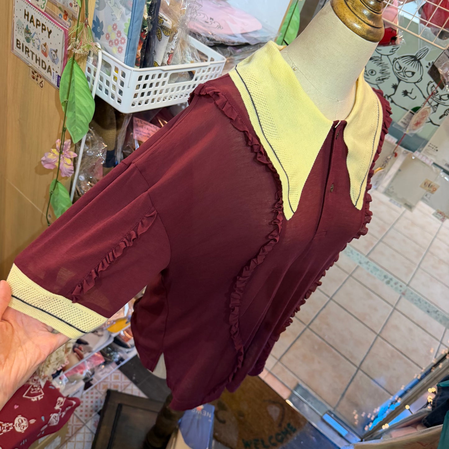 Megmiura Wine Wavy Frill Polo Shirt, made in Japan, size 40