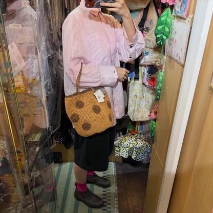 Ema Kuam Brown Polka Straw Bucket Bag, Handmade in Nepal