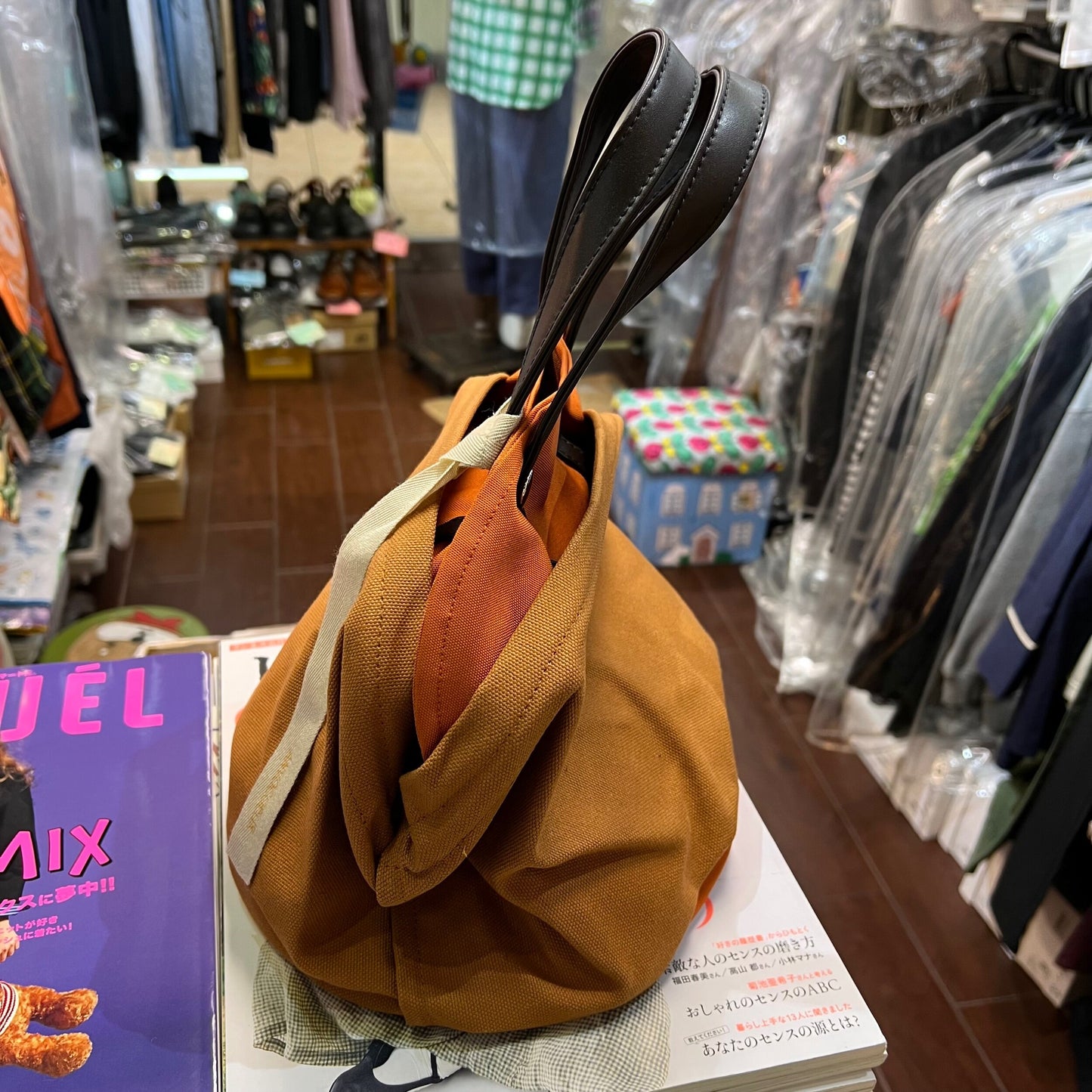 Sale- Anvocoeur Brown X Orange Canvas Handbag, made in Japan