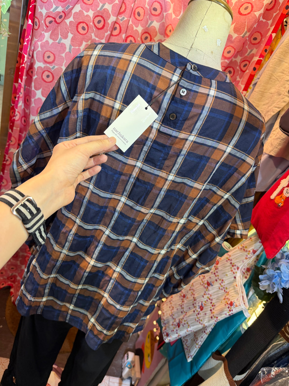 Nachukara Brown Checked Blouse, made in Japan