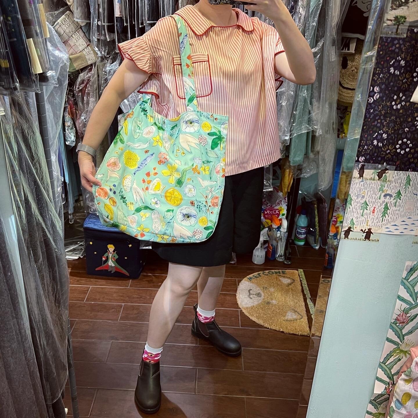 Handmade Floral Blue Tote Bag, Fabric from Japan