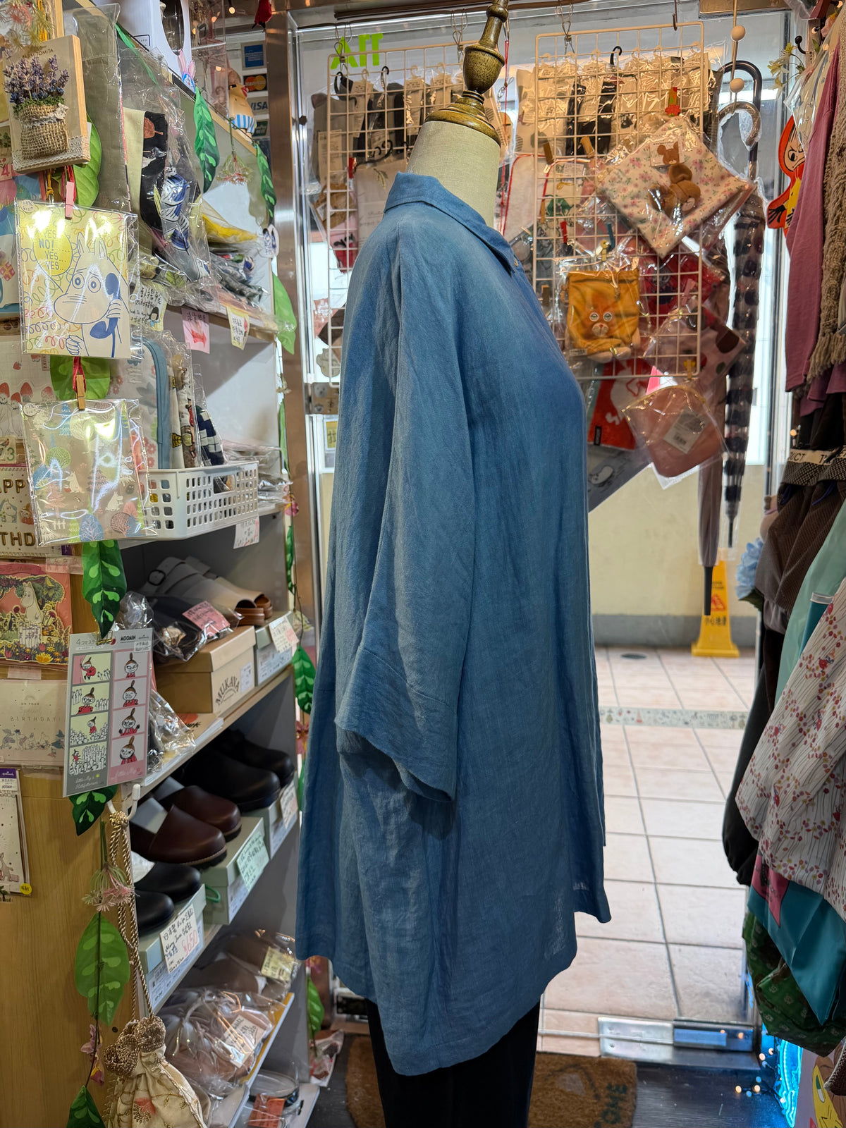 Denier Blue Indigo Dyeing Linen Long Shirt, made in Japan