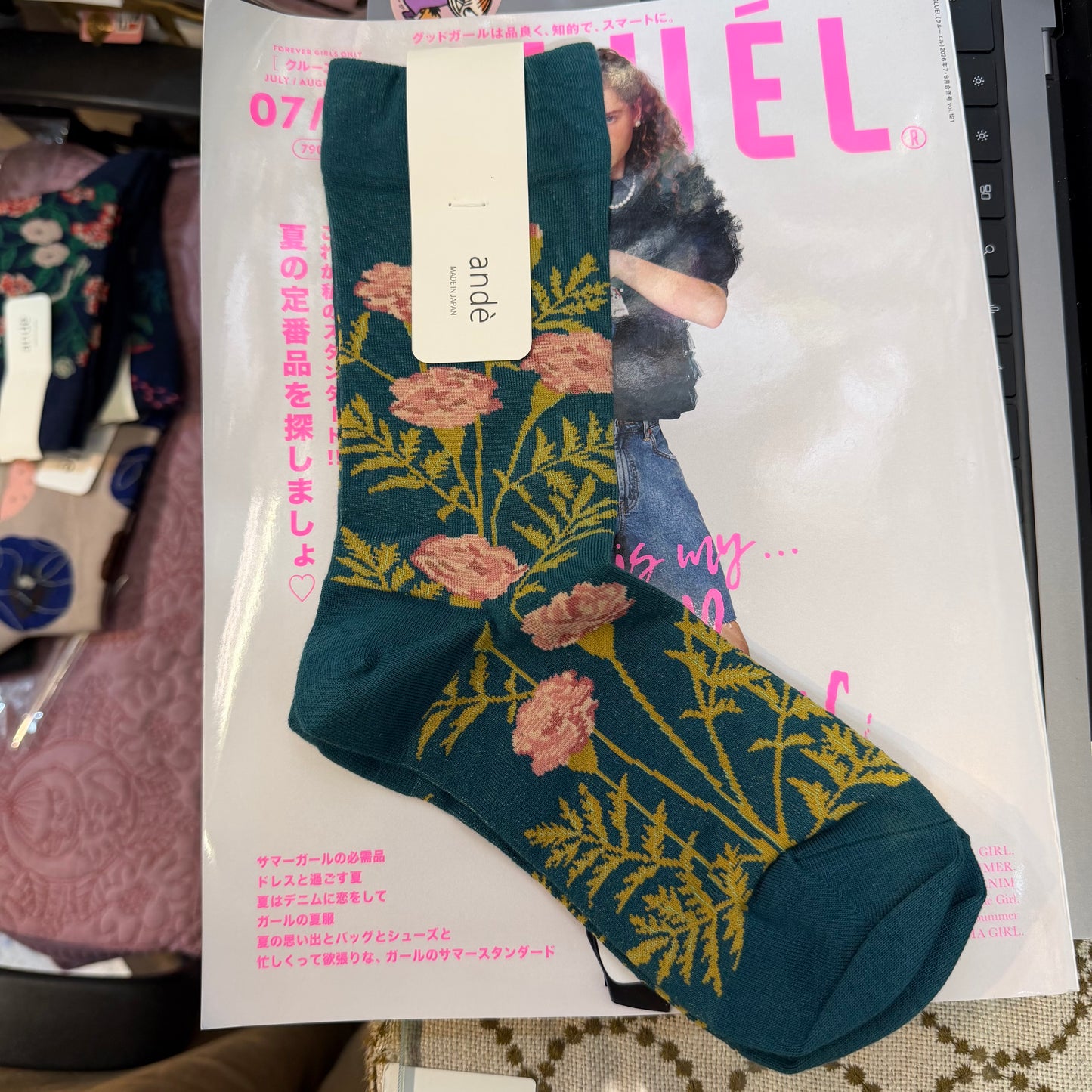 $99 only- ande Floral Green Socks, made in Japan