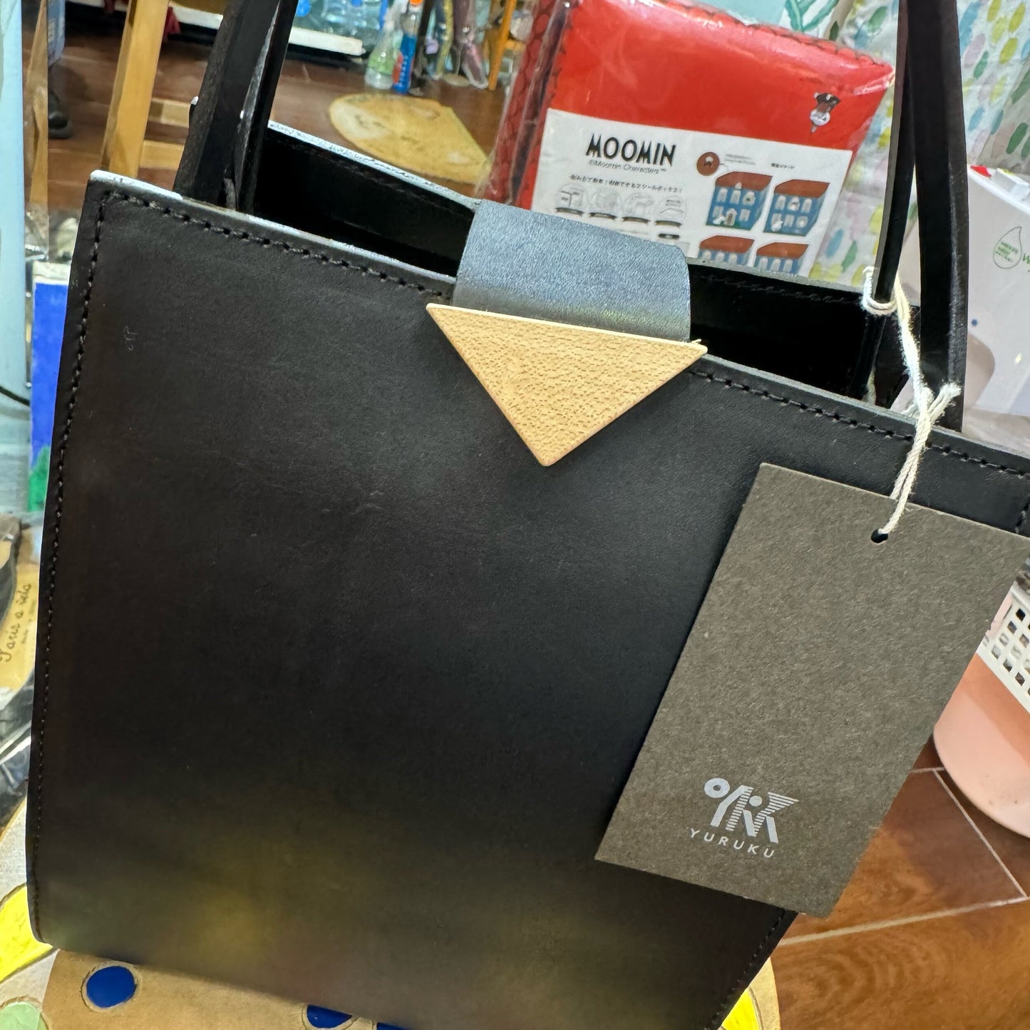 Sale- YURUKU Black Leather x Wood Buckle Handbag, made in Japan
