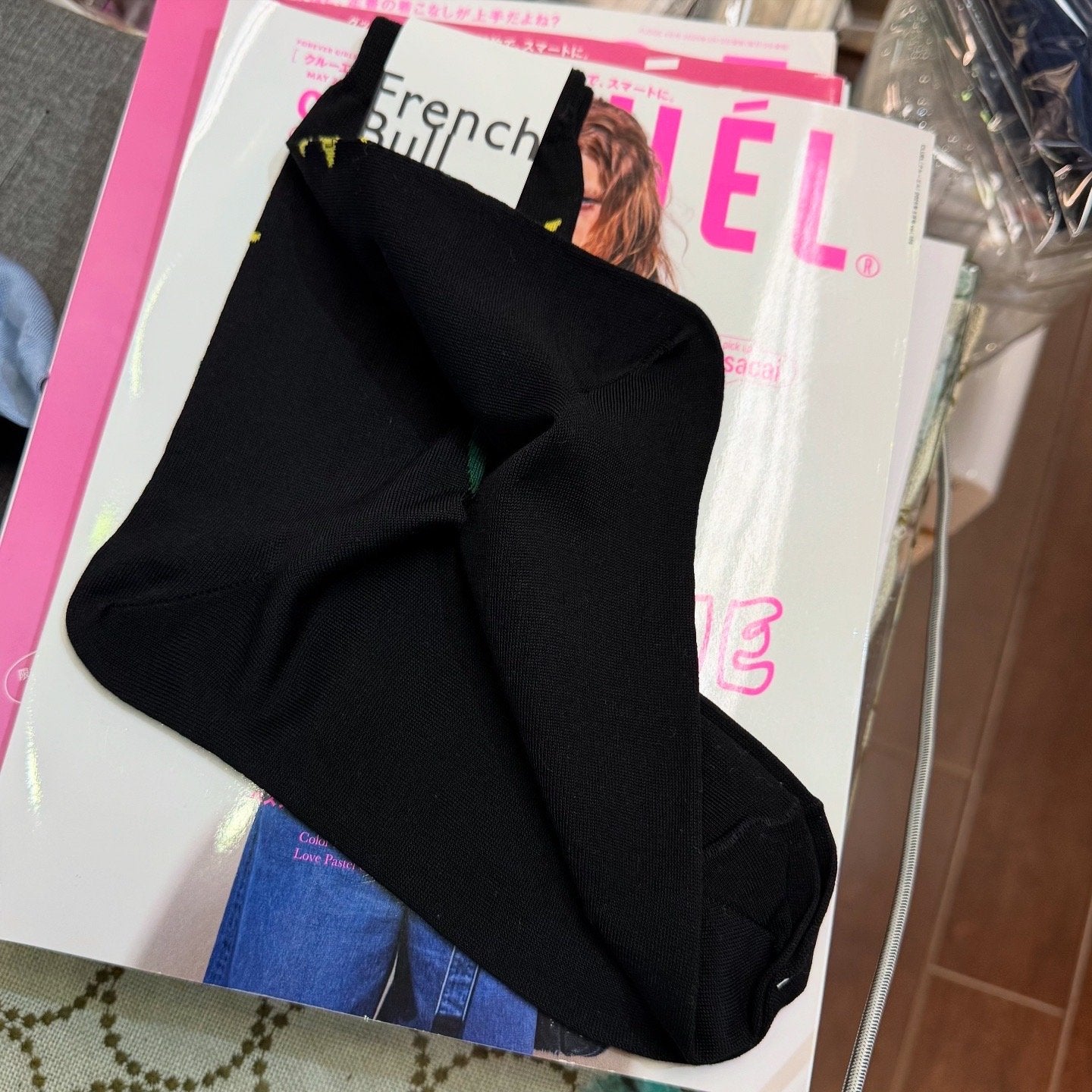 French Bull Sun Flower Black Socks, made in Japan