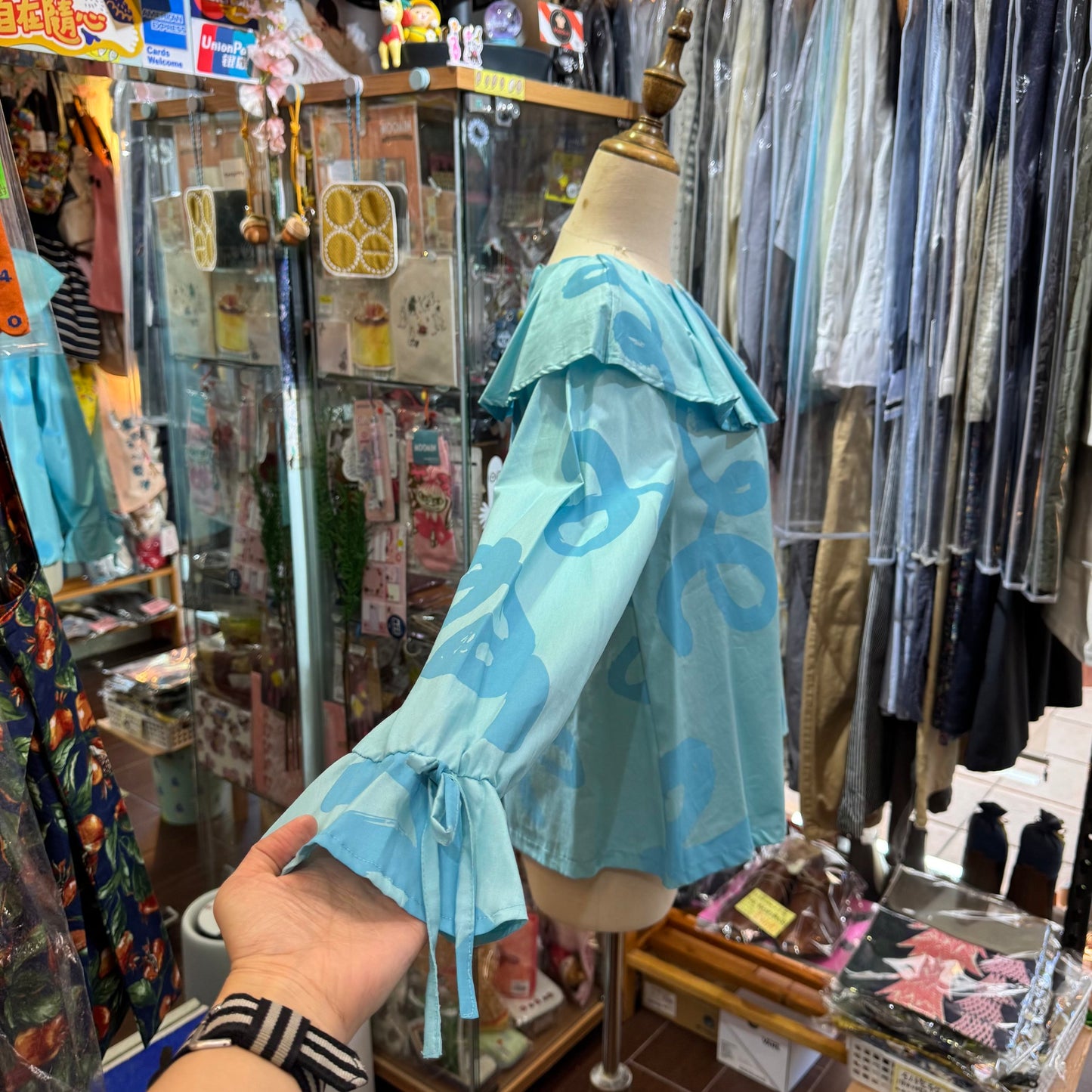 Sale- Frankygrow Light Blue Pleats Collars Top, size F2, made in Japan