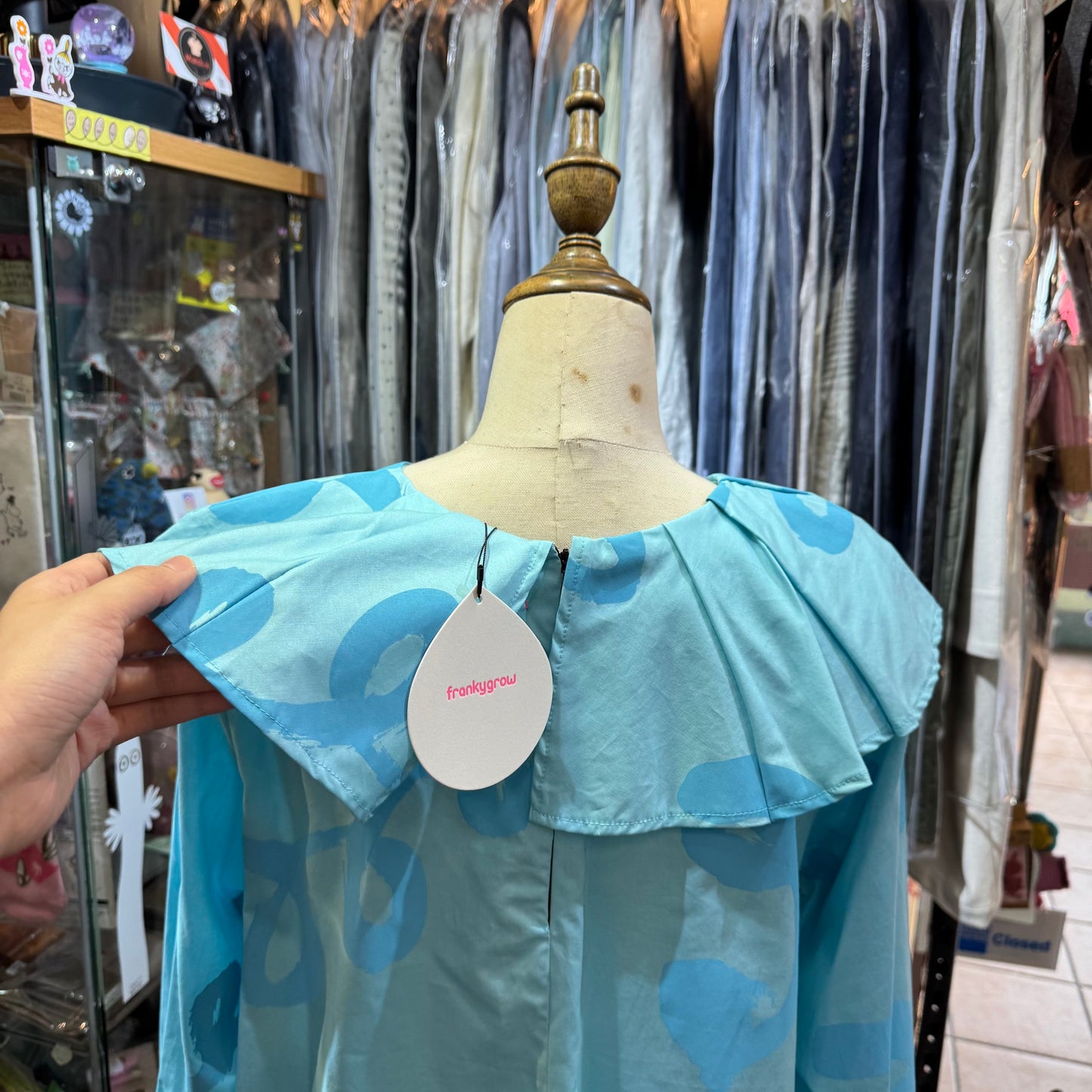 Sale- Frankygrow Light Blue Pleats Collars Top, size F2, made in Japan
