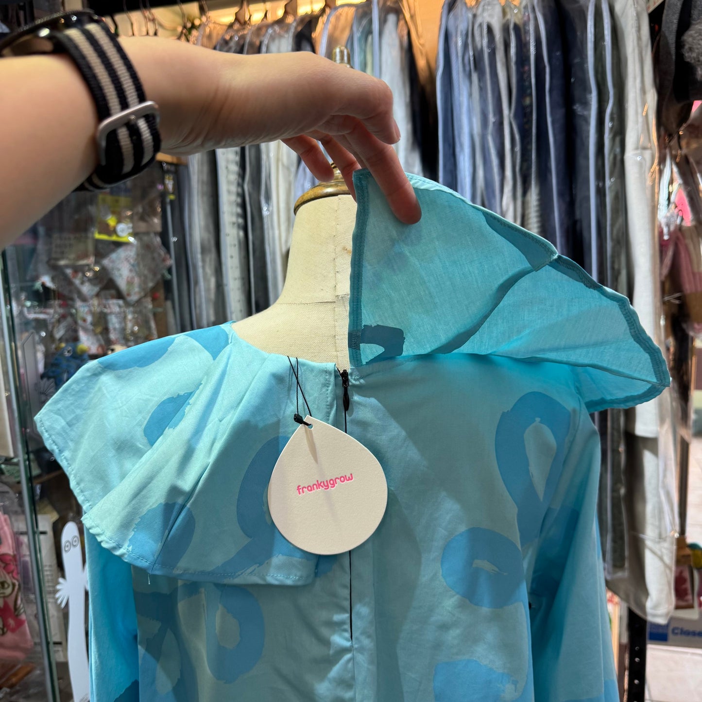 Sale- Frankygrow Light Blue Pleats Collars Top, size F2, made in Japan