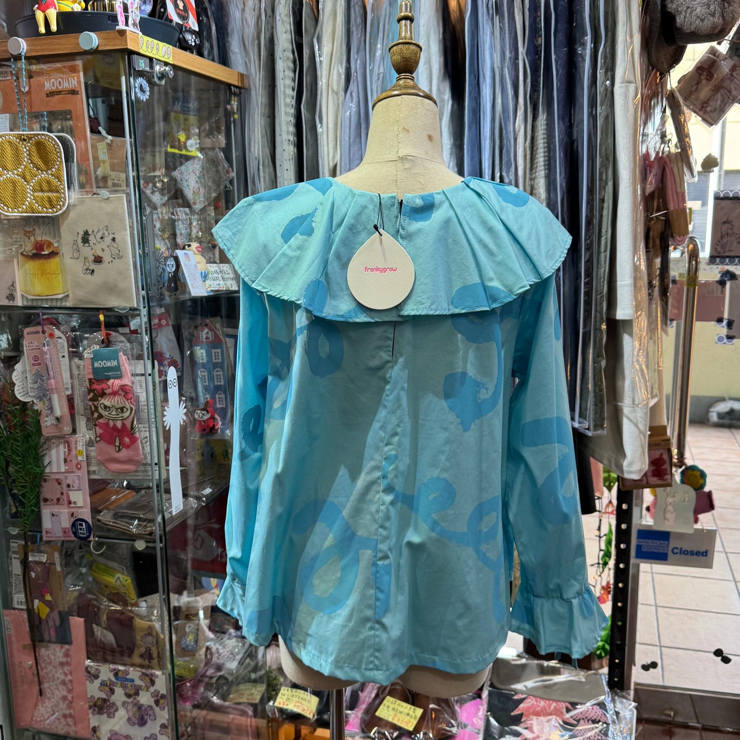 Sale- Frankygrow Light Blue Pleats Collars Top, size F2, made in Japan