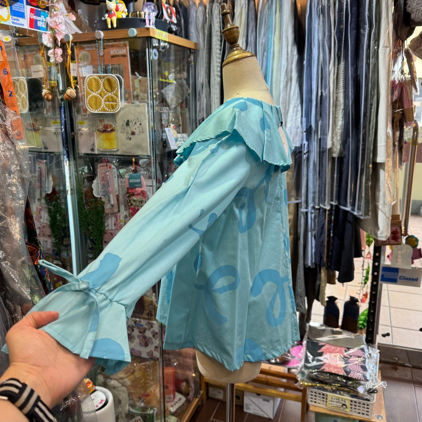 Sale- Frankygrow Light Blue Pleats Collars Top, size F2, made in Japan