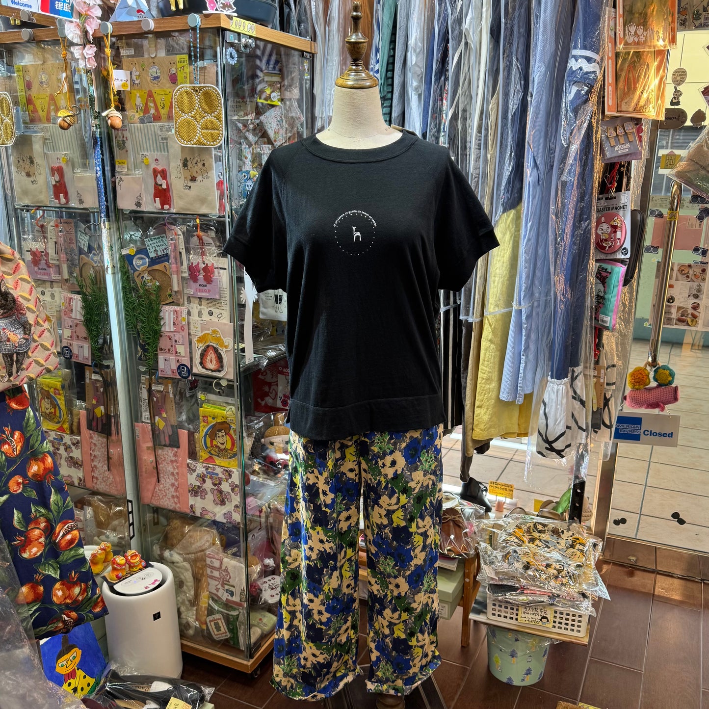 Ouvert Deer Print Black T-shirt, made in Japan